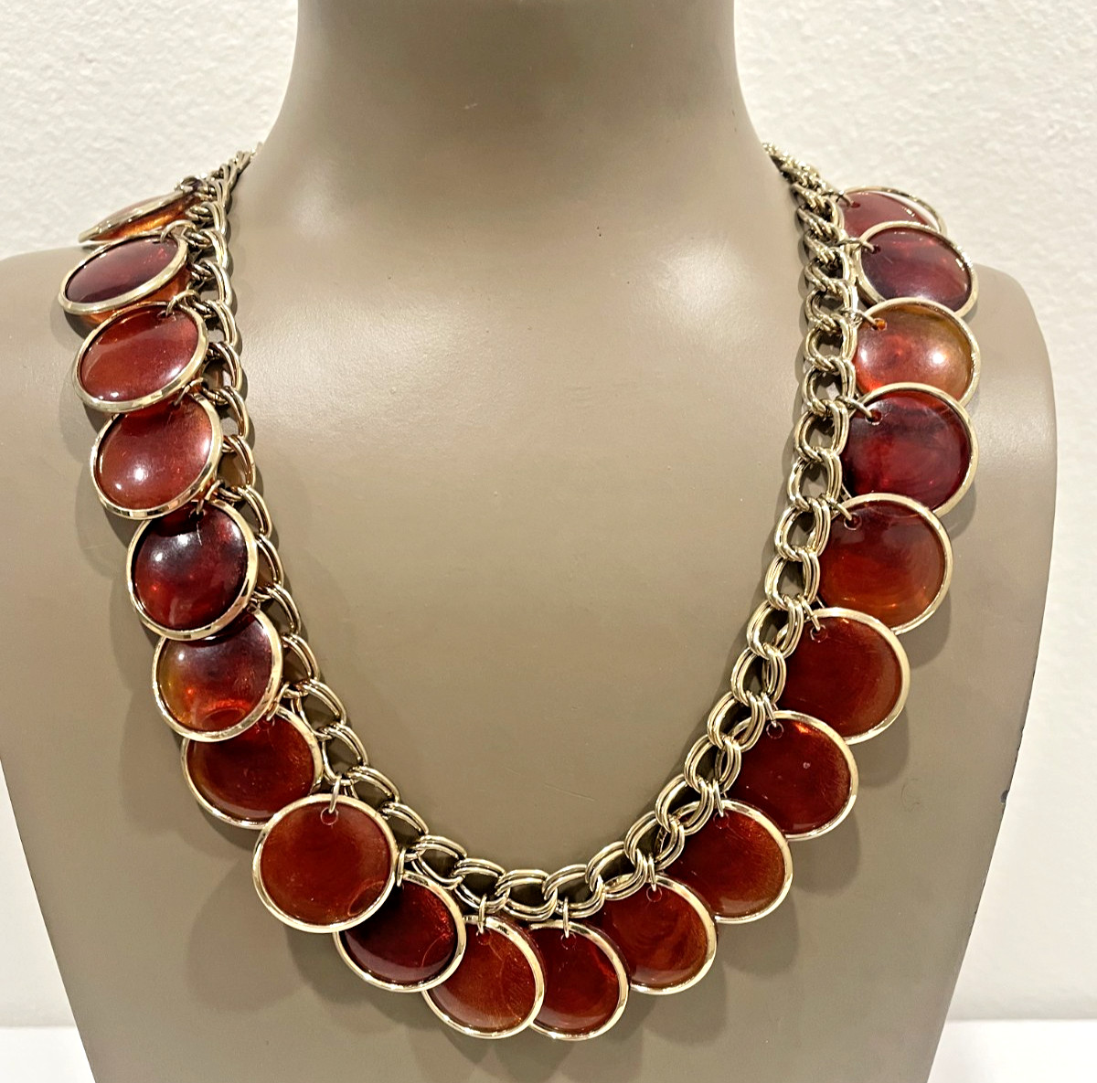 Vintage Statement Gold Tone & Lucite Coin Necklace 1950s 18″ Adjustable Unsigned