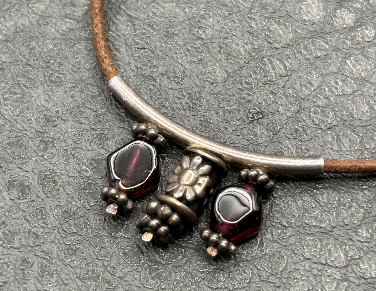 Vintage Garnet Cabochon Leather Cord Necklace Sterling Silver Pendant Choker