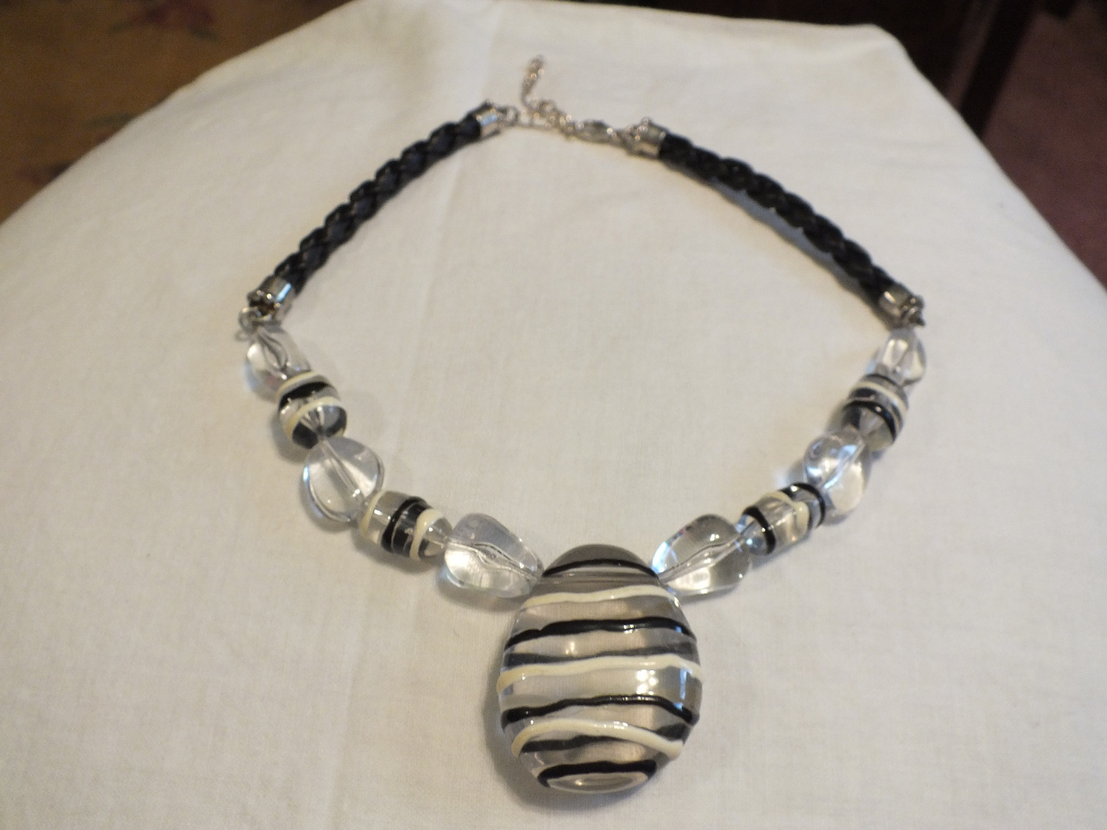 Beautiful Necklace Silver Tone Black Cord Clear Beads Black Off White Enamel
