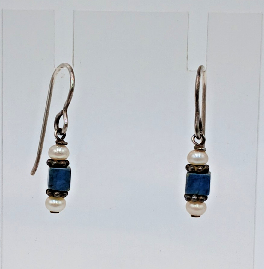 VTG Beaded Dangle Earrings 1in Drop Blue Stone Seed Pearl Silver Tone Estate