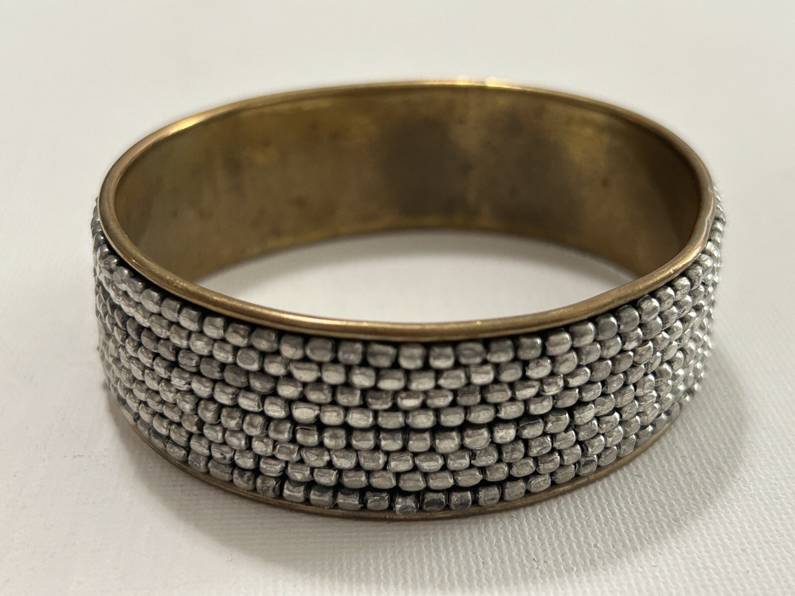 Vintage Silver Tone Metal Beaded Brass Bangle Set Of Two