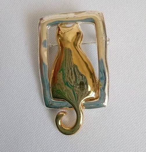 Cat In Window Pin Brooch Gold Tone Cat Pewter Window Approximately 2”