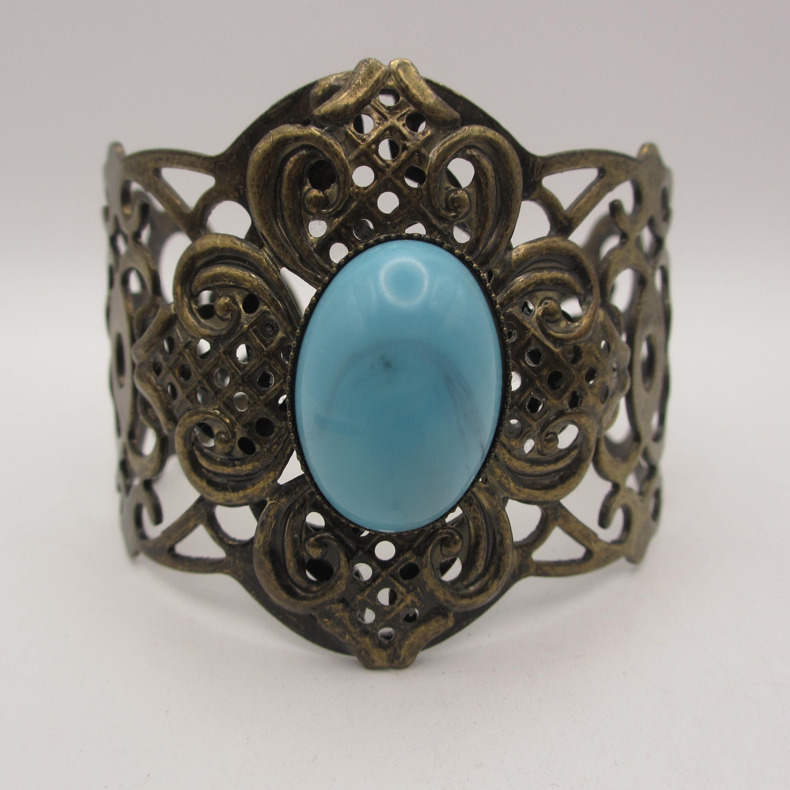 Vintage Open Cuff Bracelet Filigree Bronze Tone Blue Cabochon Statement