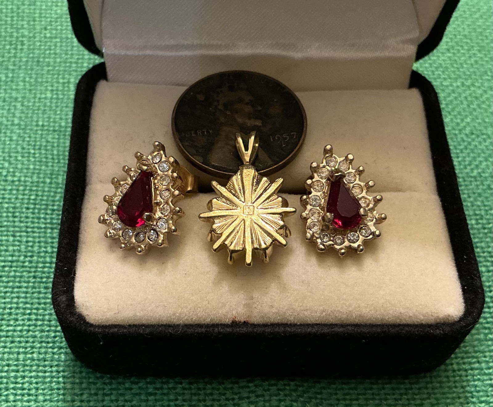 Red Stone Pendant & Earring Set Gold Tone Clear Accent Stones Vintage Estate