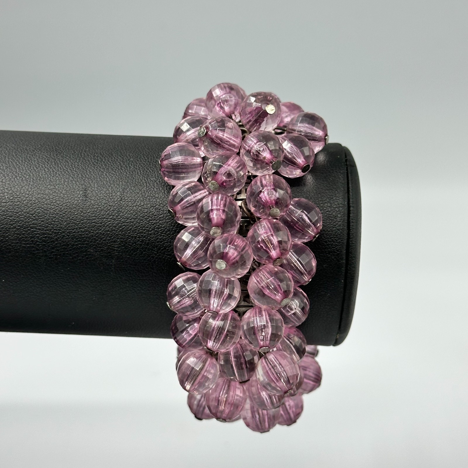 Vintage Cha Cha Expansion Bracelet Purple Faceted Round Beads Silver Tone