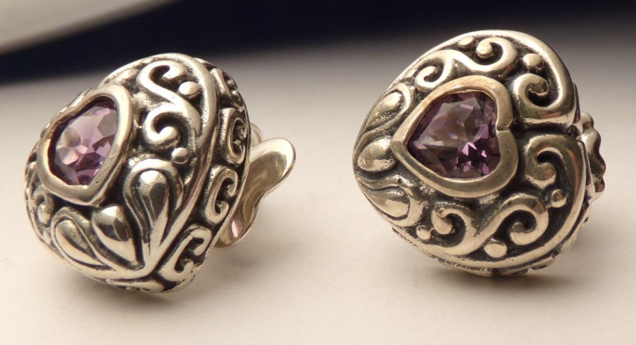 VTG SIGNED KH KIT HEATH AMETHYST HEART STONE DEEP LARGE POST PIERCE EARRINGS