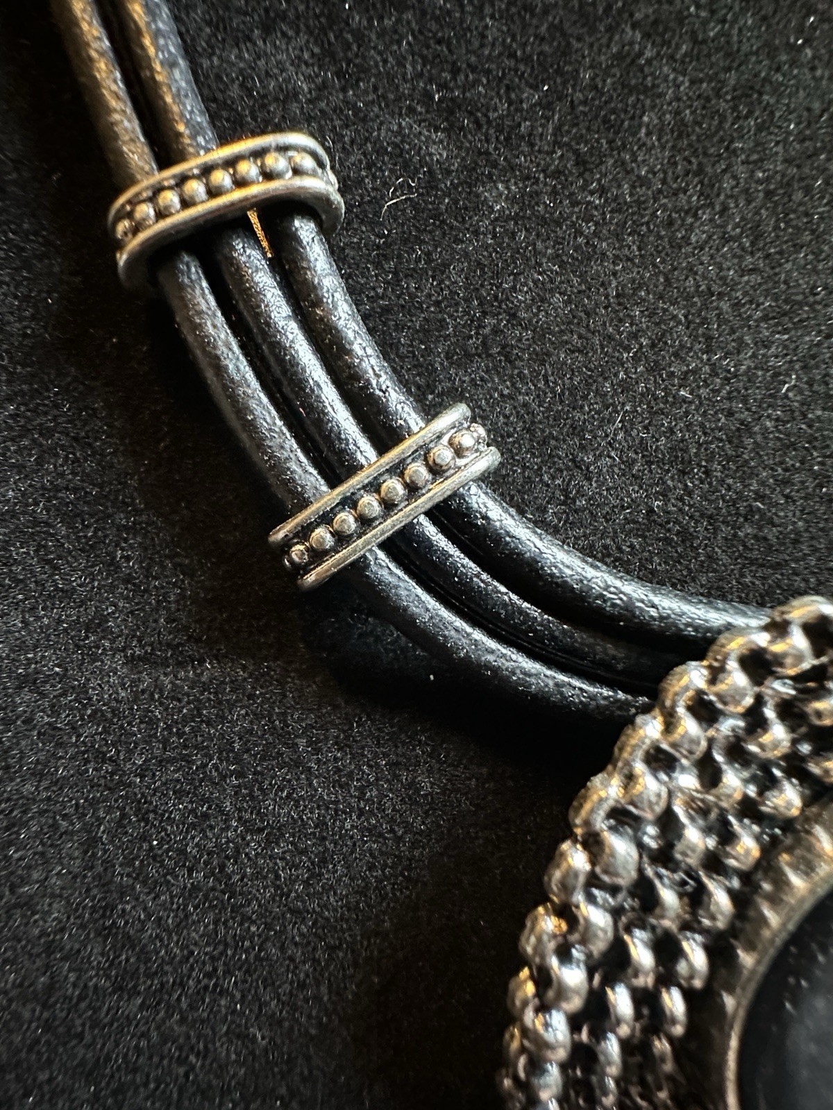 Vintage Black leather and Silver Tone with gray Cabochon Statement Necklace