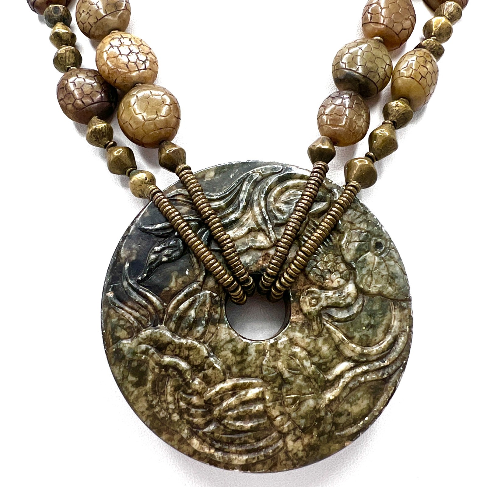 Artisan Carved Stone Medallion Necklace – Two-Strand Mossy Earth Tone Statement