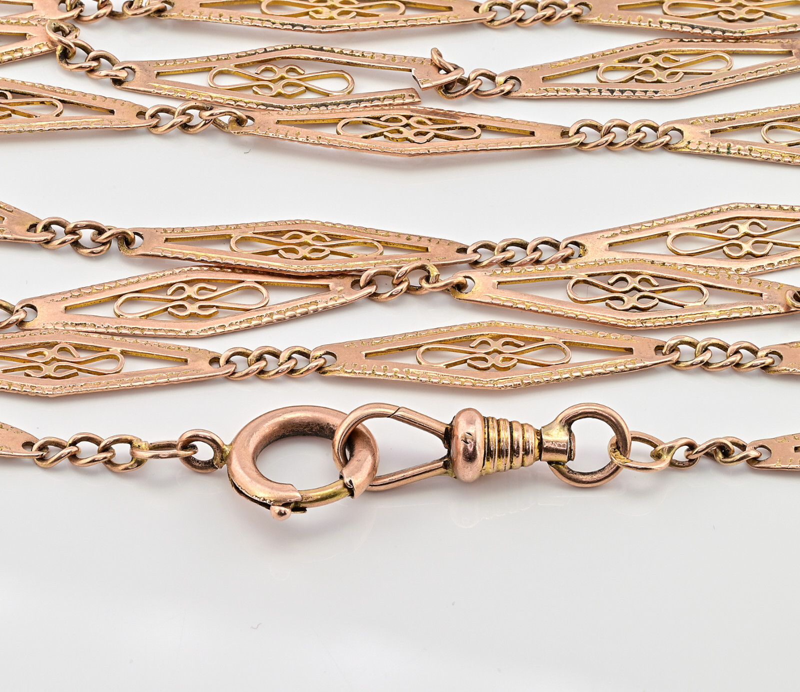 Art Nouveau Filigree Lozenge 61.41inches 9 KT Rose Gold Long Chain
