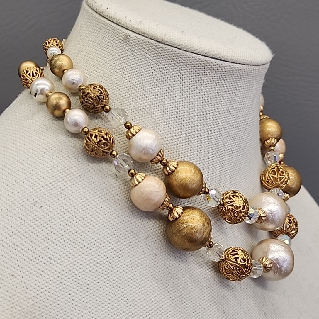Vintage Beaded Necklace AB Cream Gold Tone Filigree Balls Layered 16″
