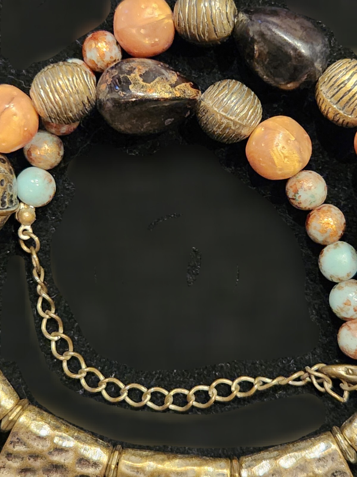 Vintage VCLM Branded Bib Beaded Metal Necklace Silvertone Gold Blue Peach Brown