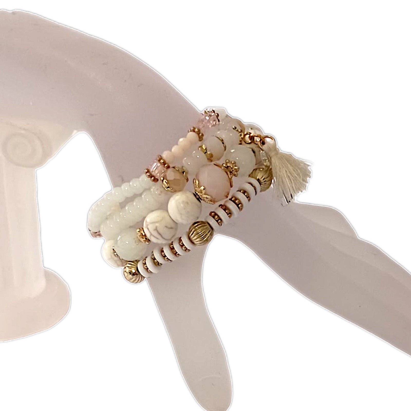 Y2K Multi Strand Beaded Bracelet Glass Stacked Floral Neutrals Fairy Indie Boho