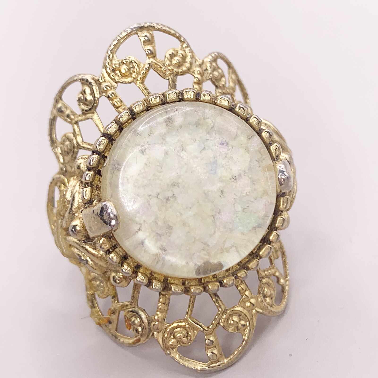 Vintage Cocktail Ring Costume Jewelry Off White Ivory Gold Color Tone Adjustable