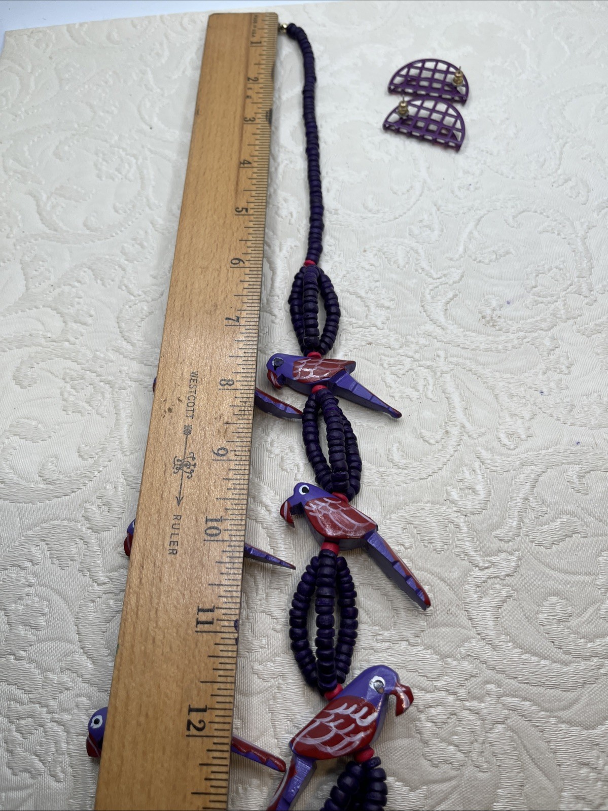 Tropical Tiki Parrot Necklace Wooden Carved Beads Colorful Birds Purple Earrings