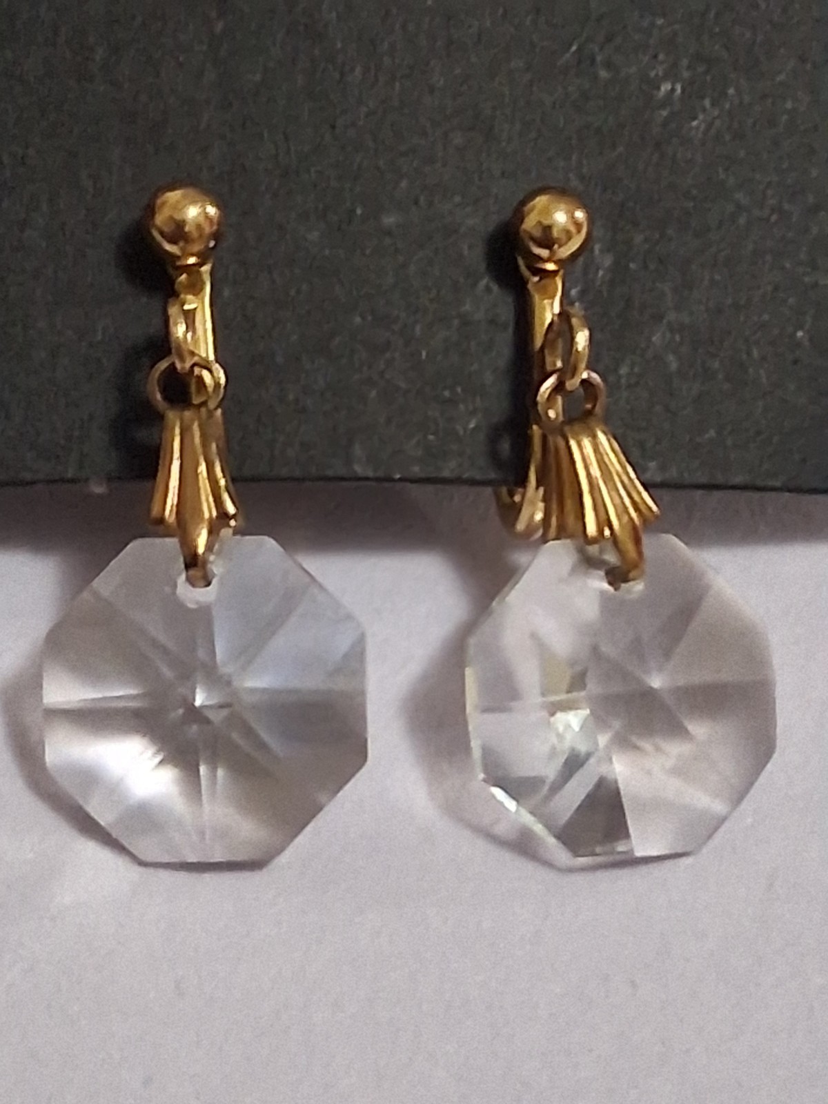 Gold filled faceted crystal dangle drop adjustable clip on earrings, geometric