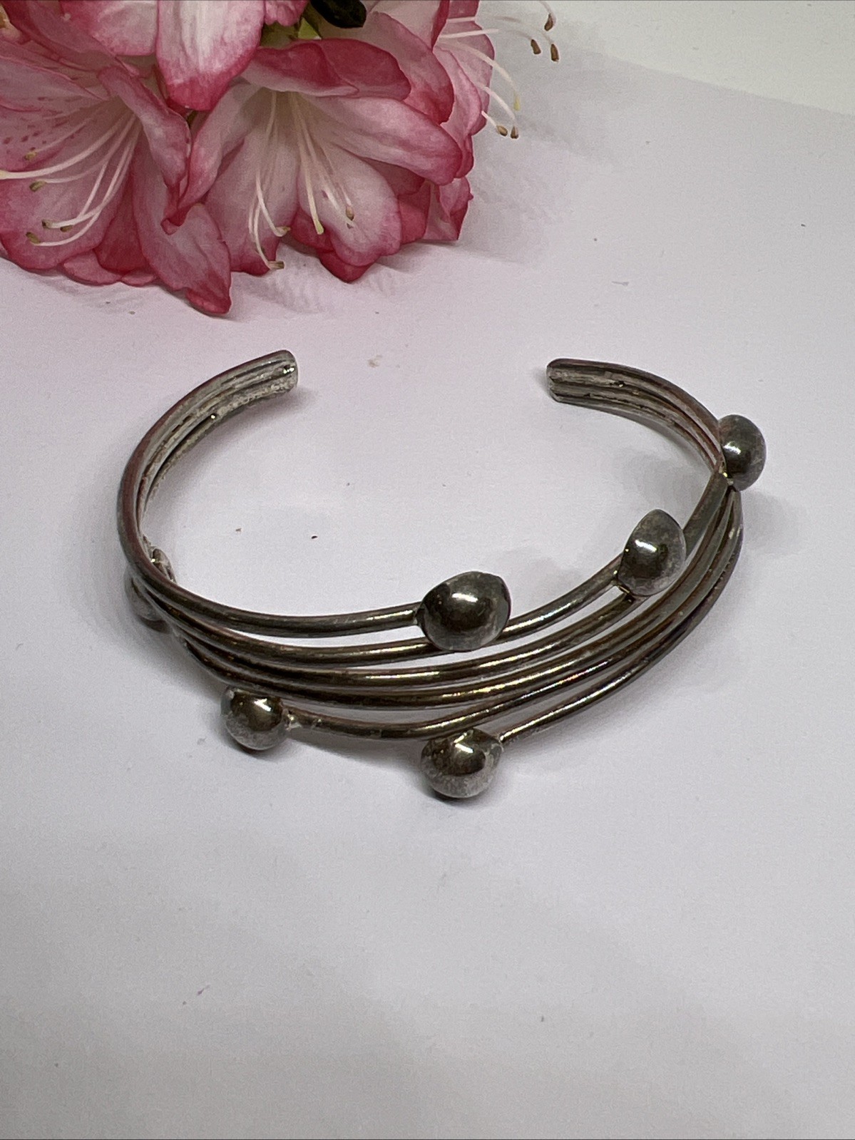 Vintage Signed 925 Multi-Wire Open Cuff Bracelet w/ Silver Balls 21.4g
