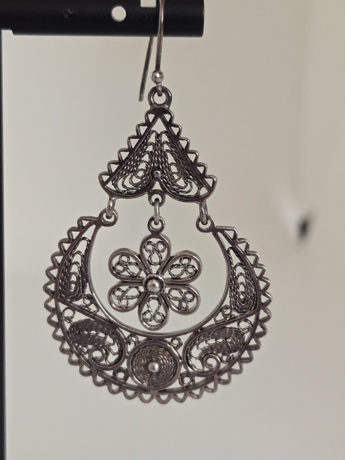 VTG NF Thailand Sterling Silver Cannetille Filigree Flower Boho Dangle Earrings