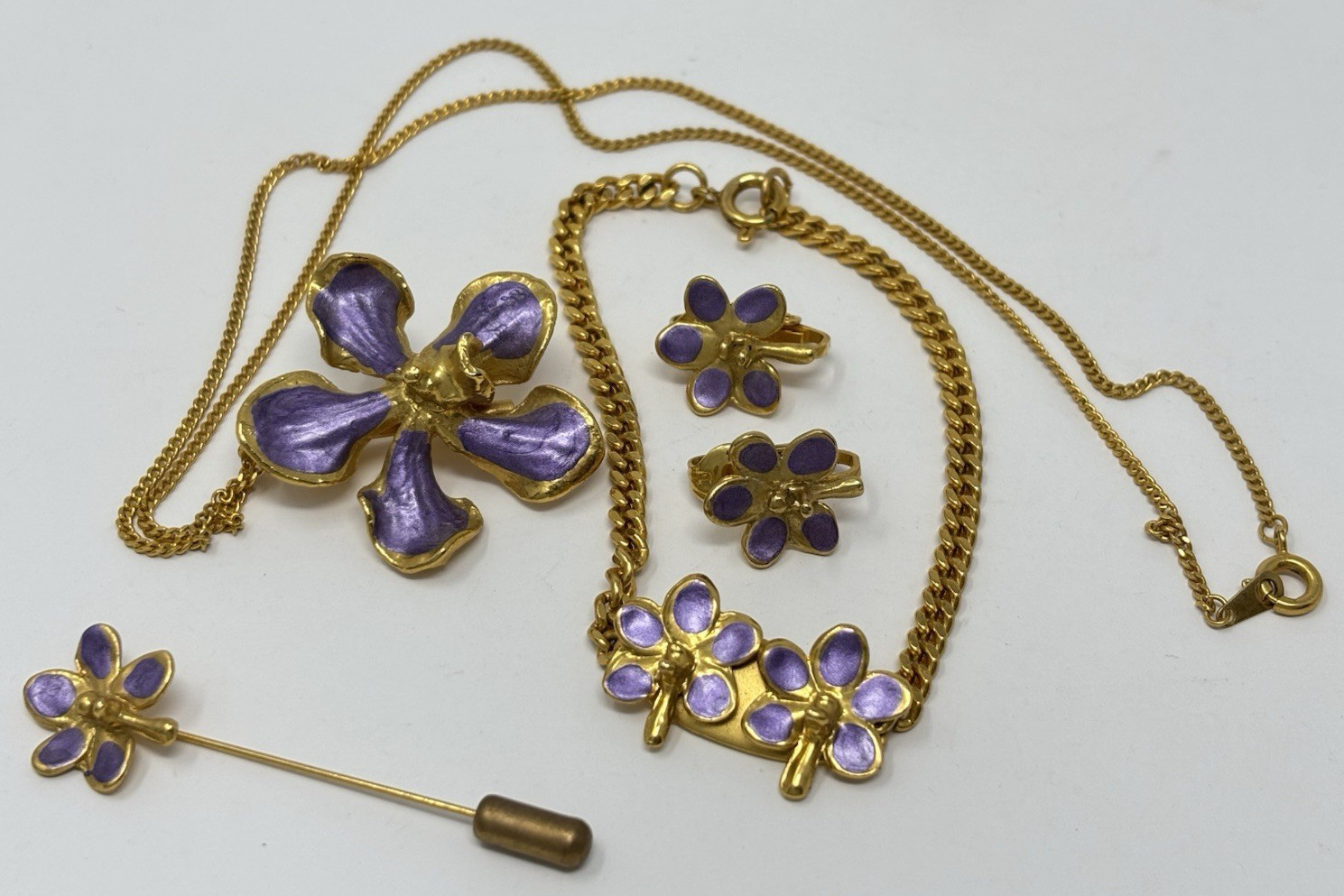 Purple Enamel Orchid Jewelry Necklace Set Pendant Bracelet Earring Pin Vintage