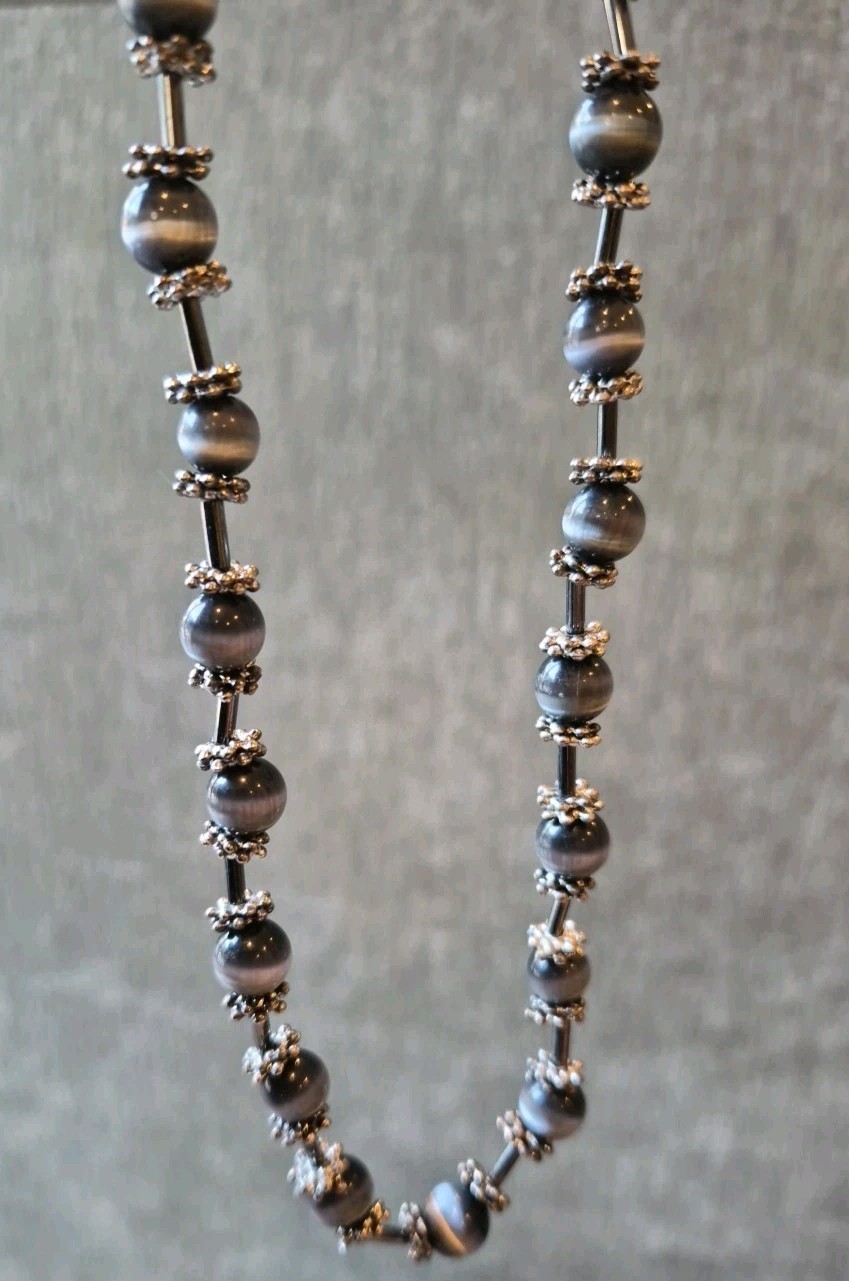 Vintage Glass Bead Necklace w/ Intricately Detailed Spacers, Toggle Closure