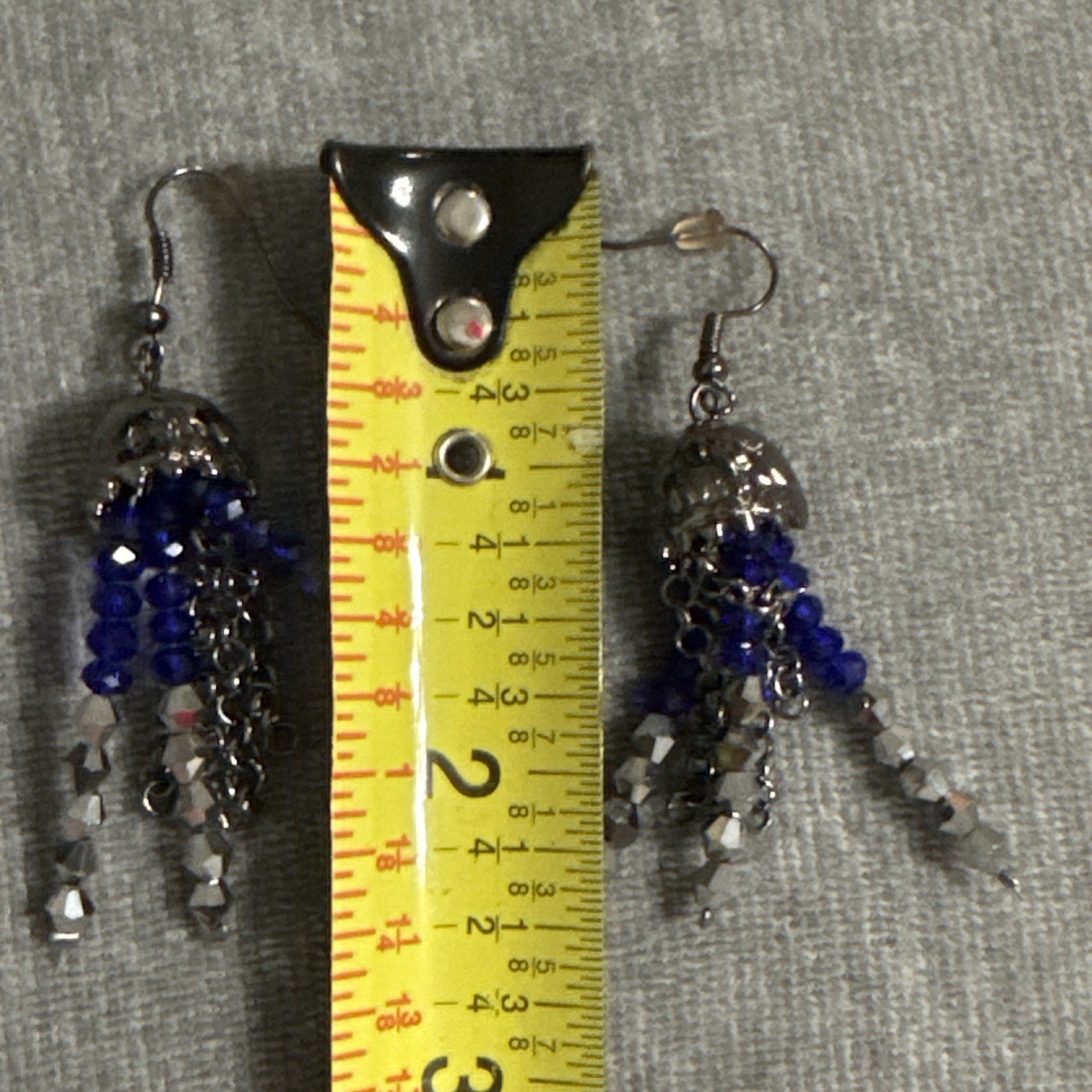 Vintage Silver Chain Artisan Blue Crystal Faceted Bead Fringe Statement Earrings