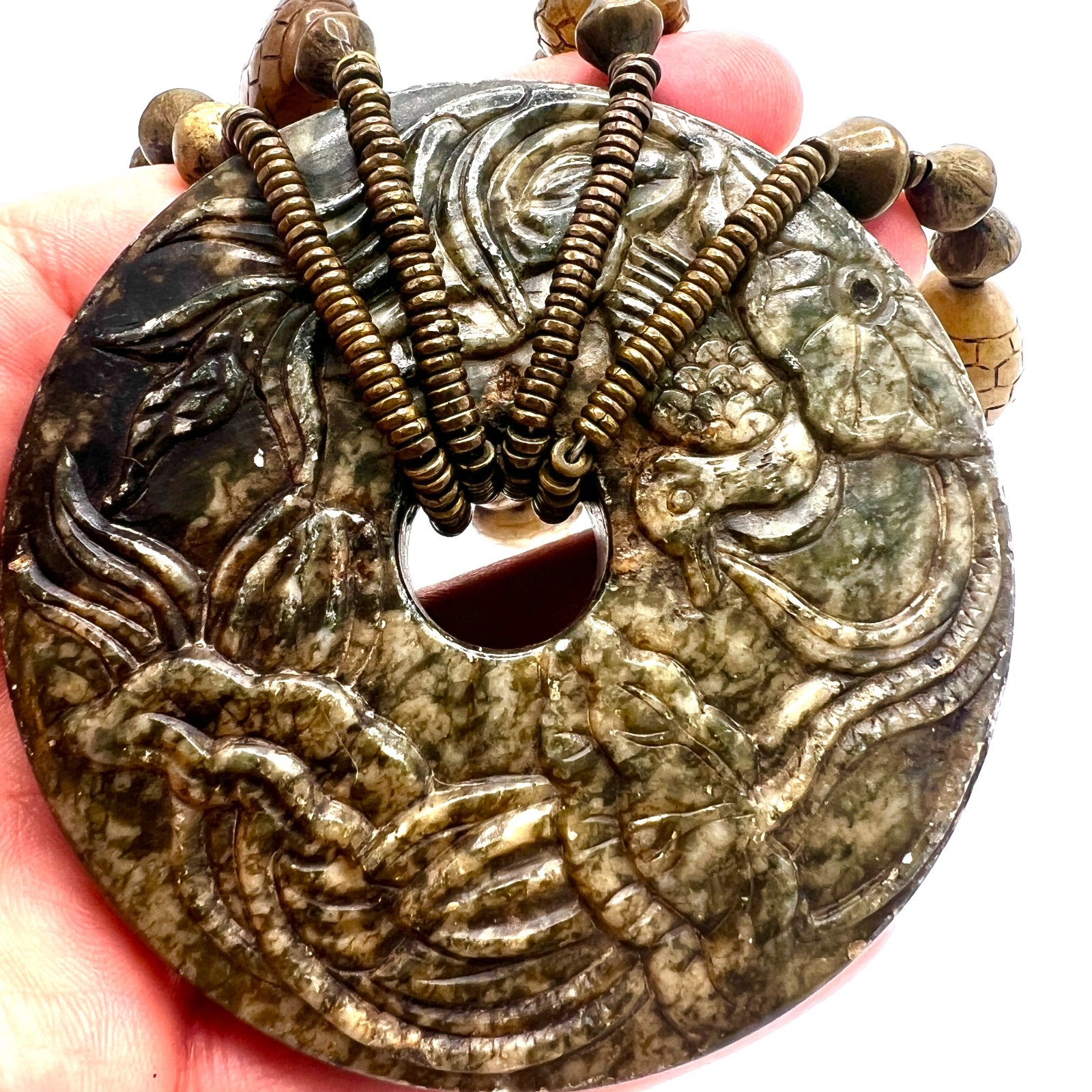 Artisan Carved Stone Medallion Necklace – Two-Strand Mossy Earth Tone Statement