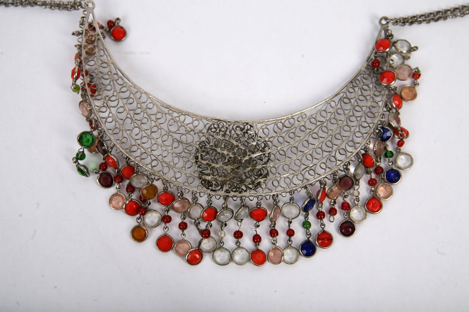 Vintage Bib Collar Choker Necklace Beaded Fringe Artisan Hand Made Mesh Filigree