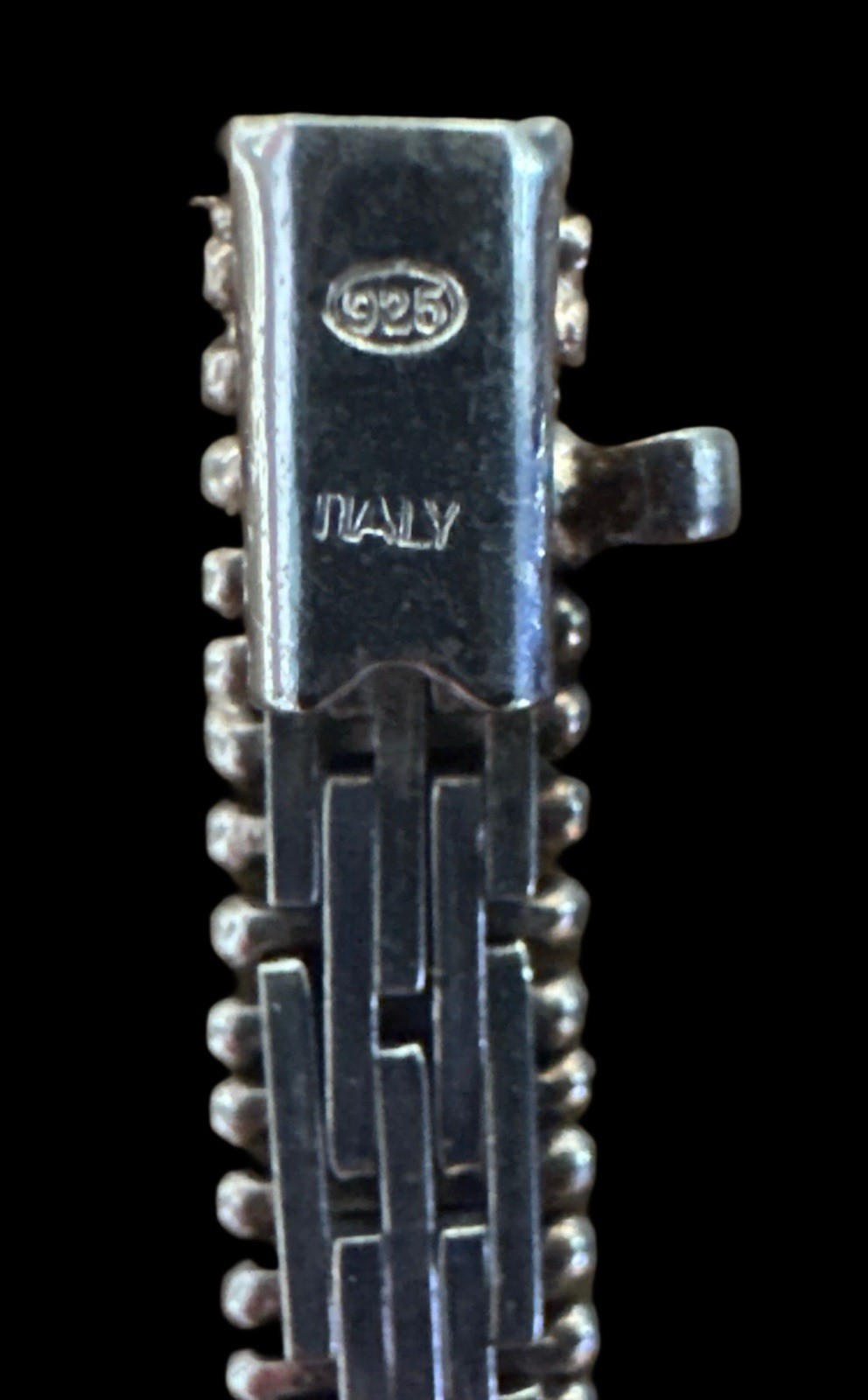 .925 Italian Sterling Tapered Panel Link Bracelet With Beaded Edge 8” VTG BIB