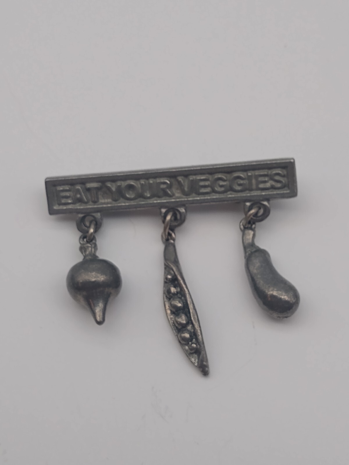 1980s Jim Clift Pewter Lapel Pin Brooch “Eat Your Veggies”