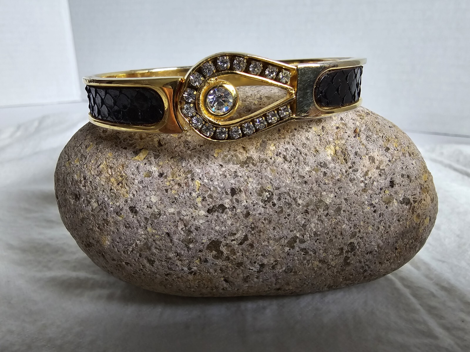 Goldtone Rhinestone Black Faux Leather Hinged Bracelet Oval Shaped 2.5″ x 2″