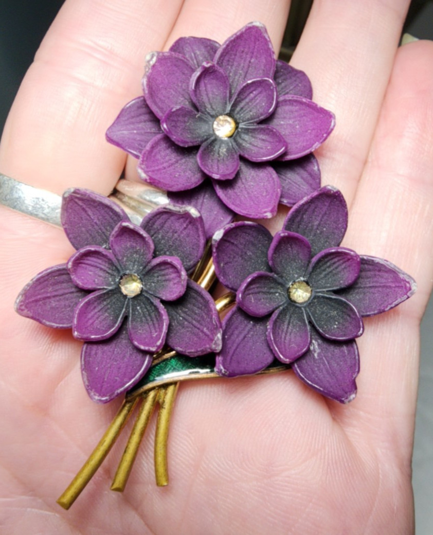 Vintage Ges Gesch Suffragette Violets Flower Brooch Pin West Germany
