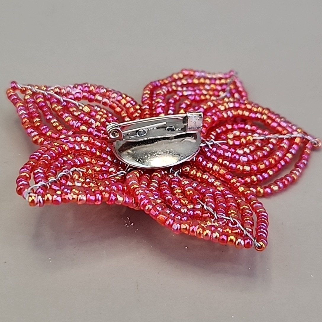 Vintage Seed Bead Flower Brooch AB Red Wired Glass 2.75″
