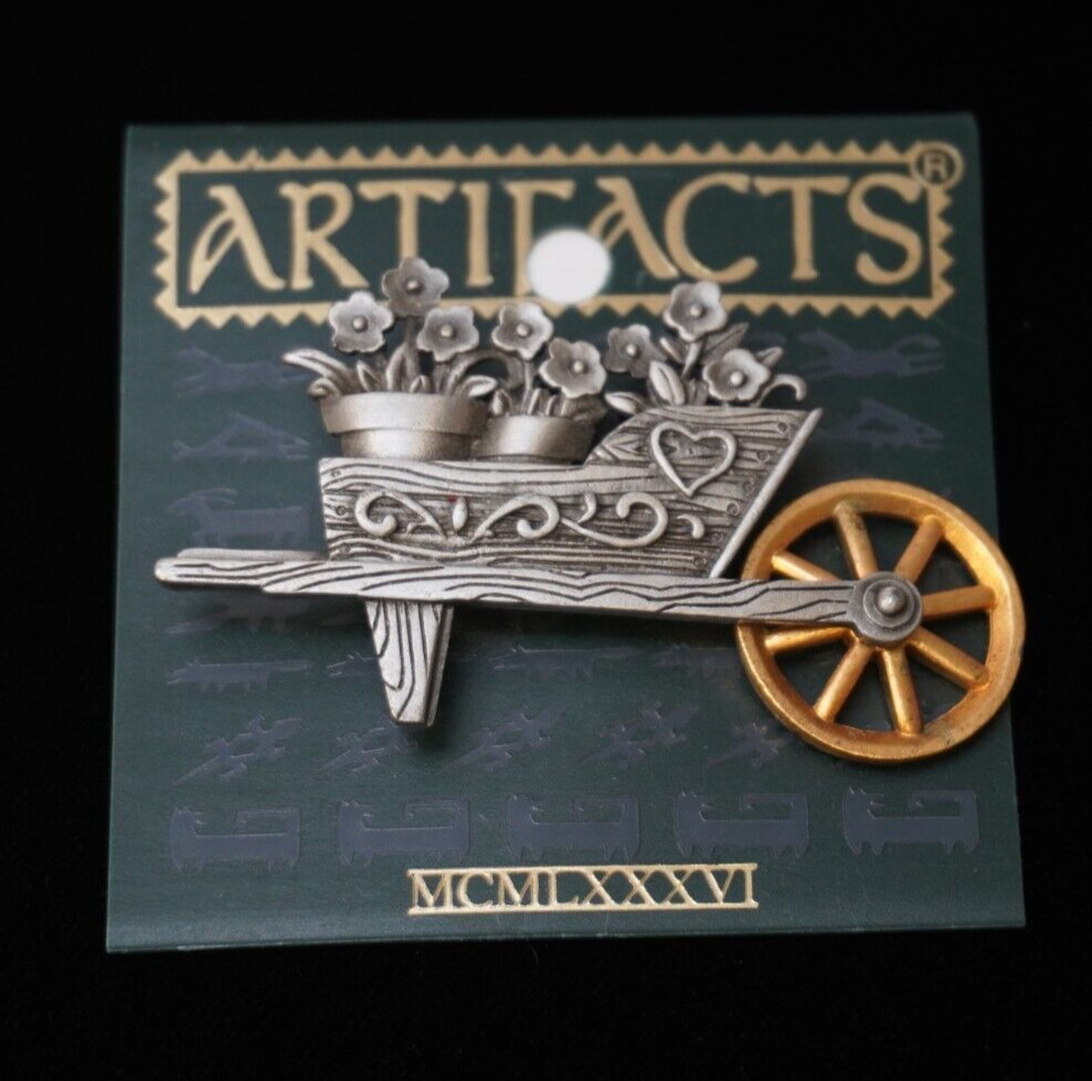 ARTIFACTS Wheelbarrow Flowers Garden Brooch Pin New