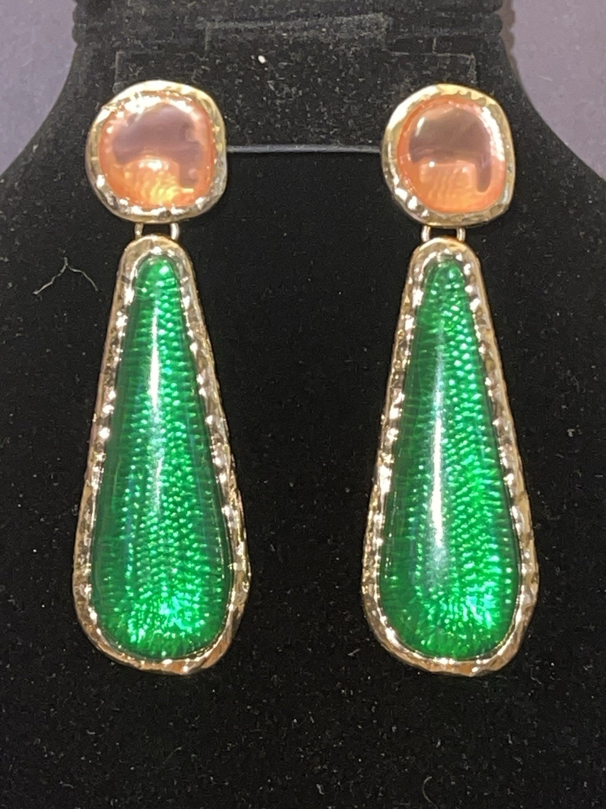 Gripoix Style Jelly Resin Earrings Pierced Dangle Gold Green Pink Brutalist