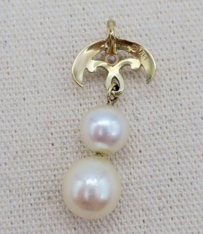 14k Gold ~ MIKIMOTO 2 PEARL & DIAMOND PENDANT ~ Hallmarked