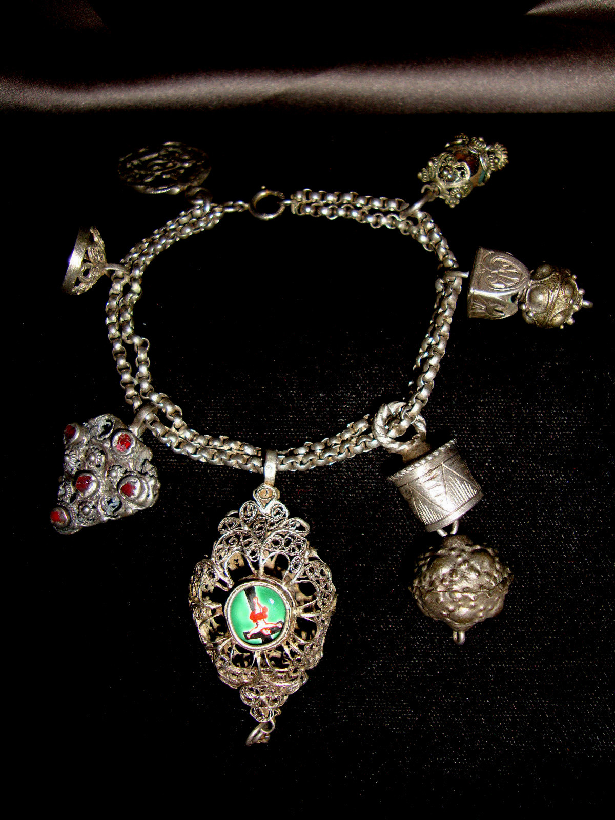 Sterling Silver Etruscan Bali Filigree Fob Charm Rolo Link Double Chain Bracelet