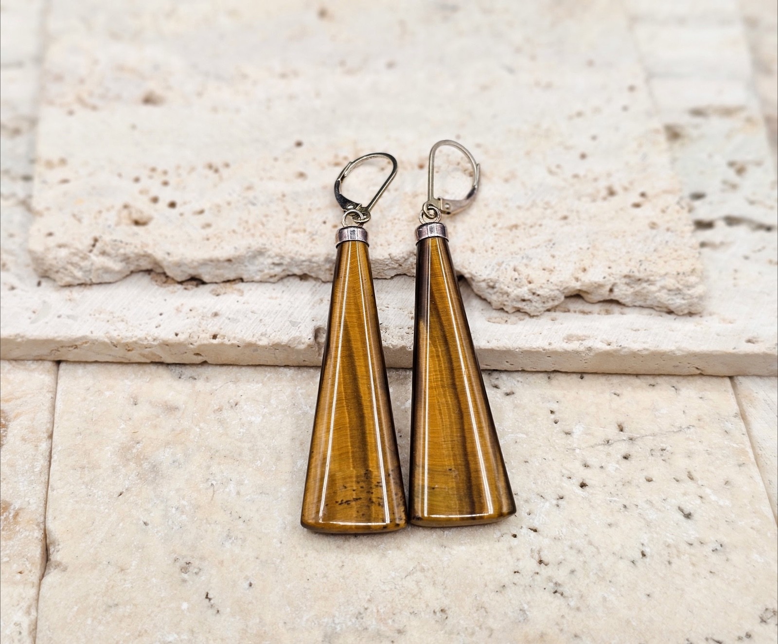 VTG Modernist Sterling Silver Dangle Earrings Brown “Tiger Eye” Glass? RETRO