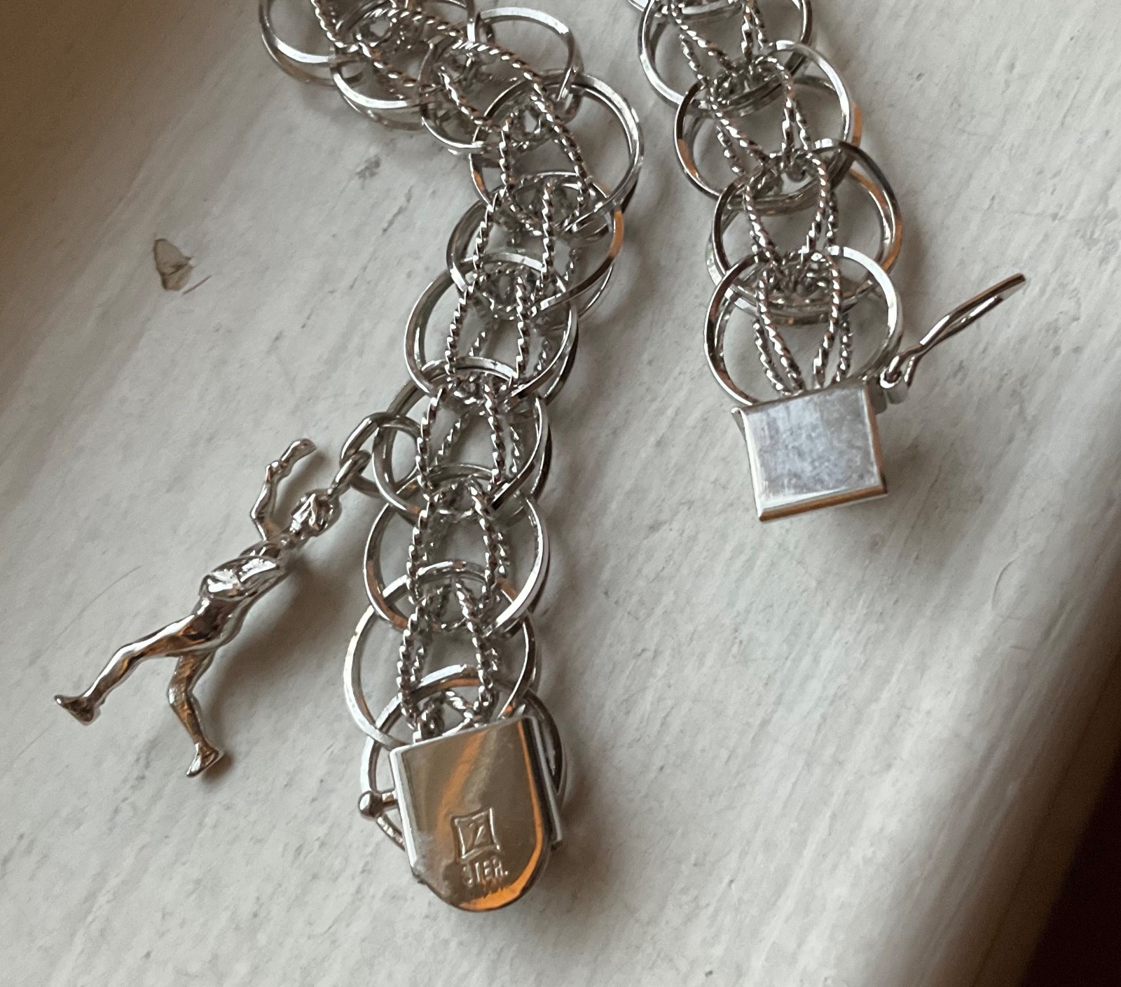 Vintage FORSTNER USA Starter SILVER CHARM BRACELET Wearable 7 1/4” Wide Link #B