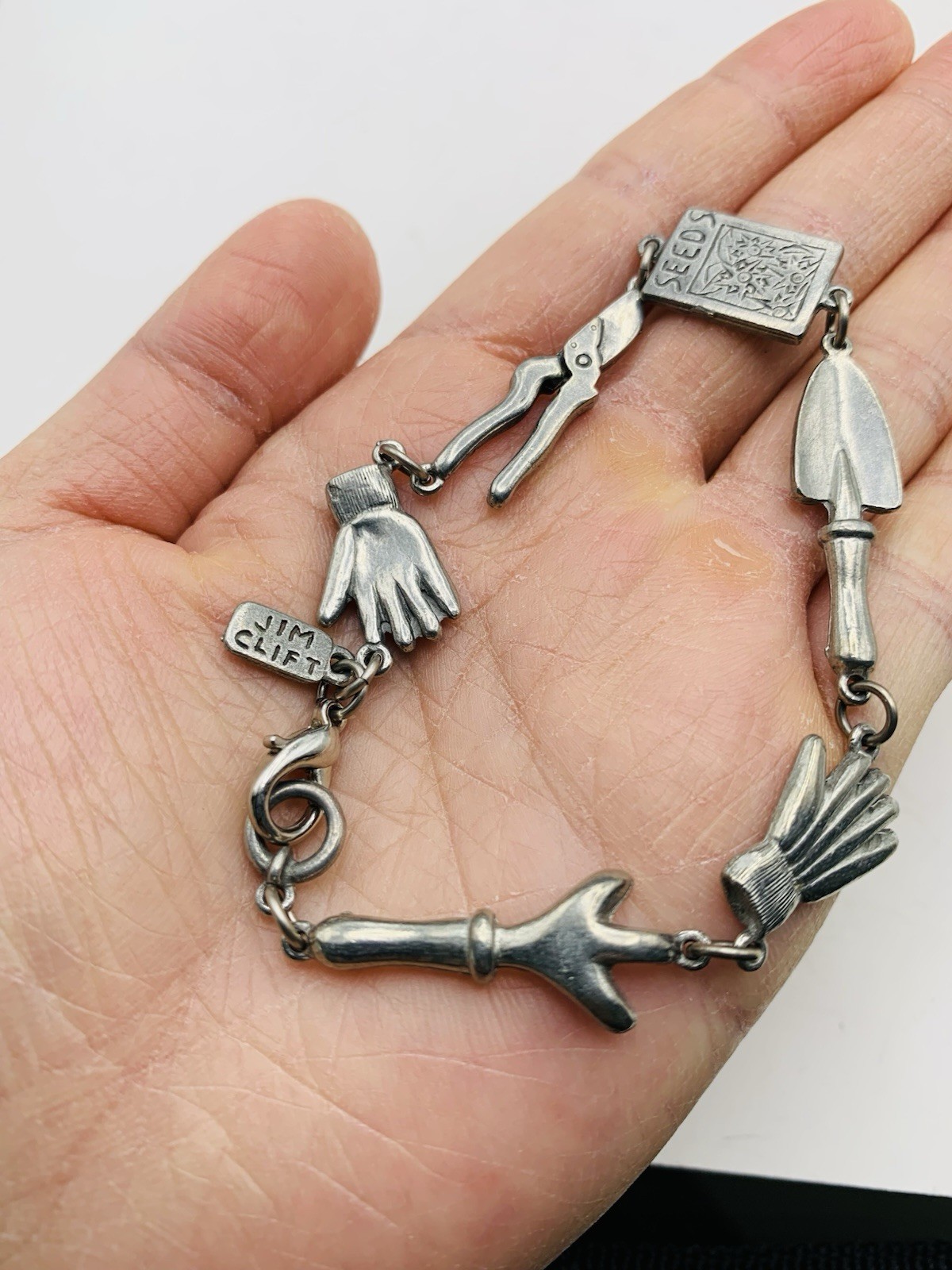 Vintage 7″ Signed Jim Clift Pewter USA Silver Tone Gardening Charm Bracelet
