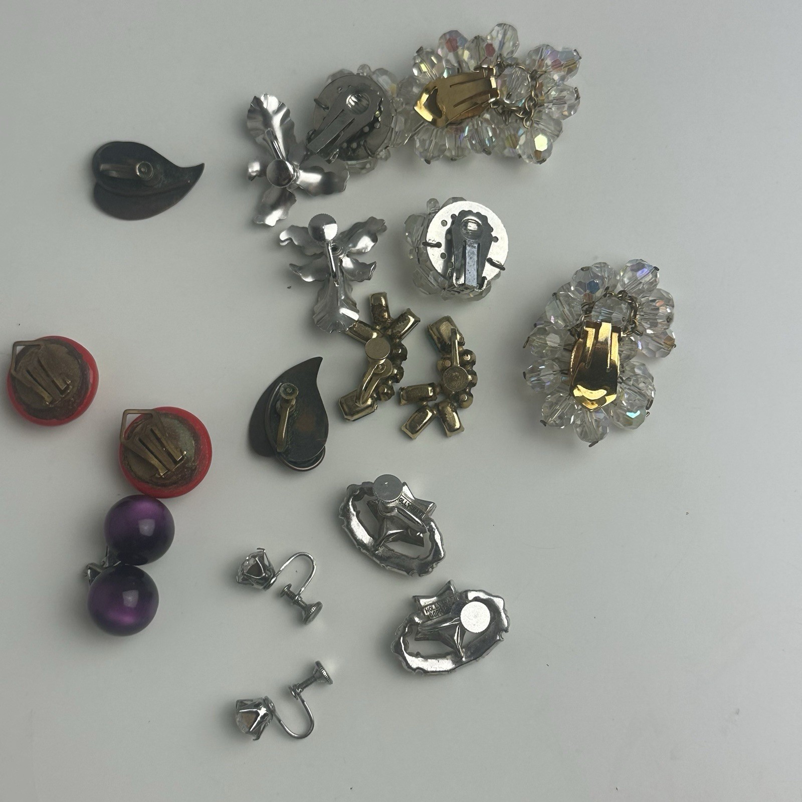 Vintage Clip On Earring Lot Millefiore Hollycraft Star Orchid Moonglow Purple