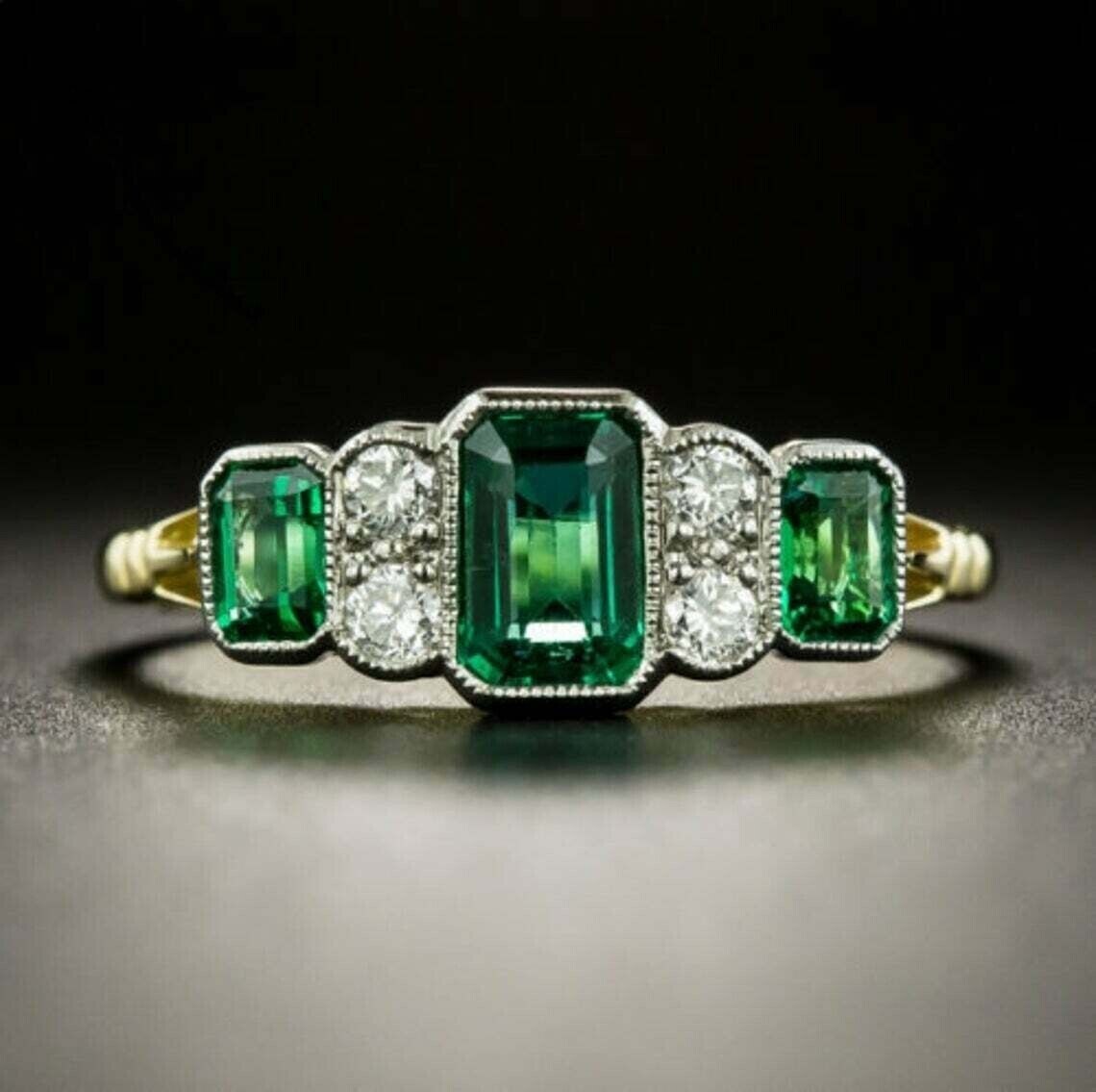 Art Deco Ring 2.90 Ct Emerald And Lab-Created Diamond 925 Sterling Silver Ring