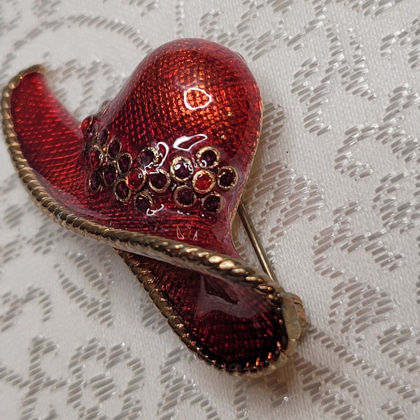 Vintage Gold Ruby Red Hat Society Brooch Enamel Floral Pendant Gift