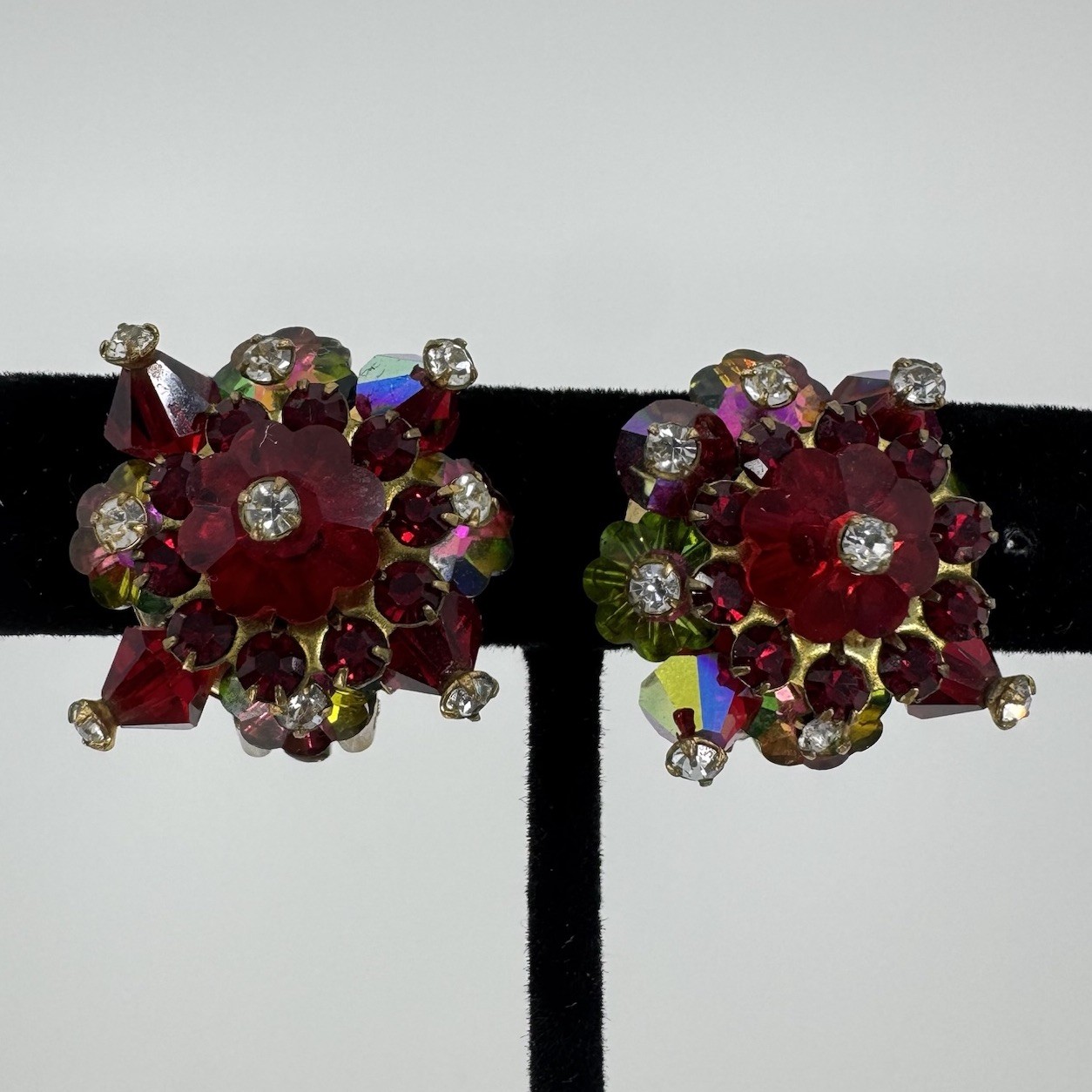 Vintage AB Red & Watermelon Rhinestone & Crystal Beaded Clip On Earrings