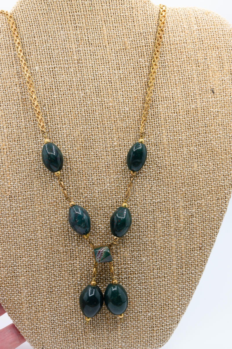 Gold Tone Necklace Green Bloodstone Agate natural stone