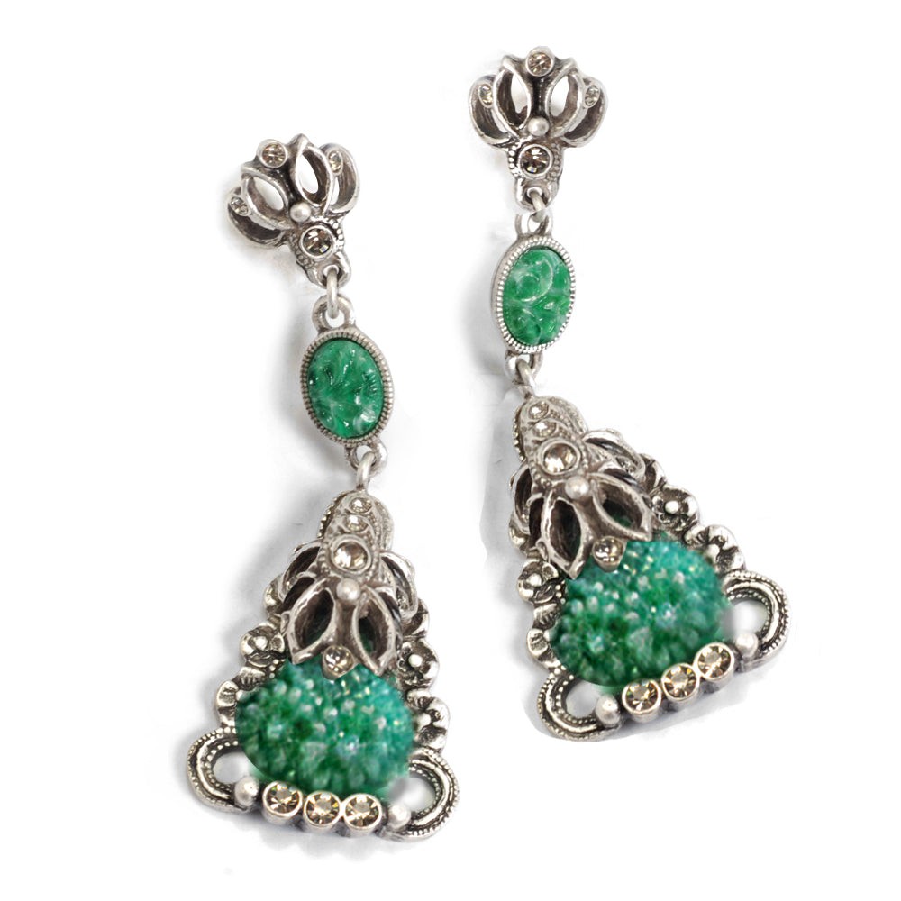 Art Deco Vintage Green Jade Glass Necklace and Earrings N1095