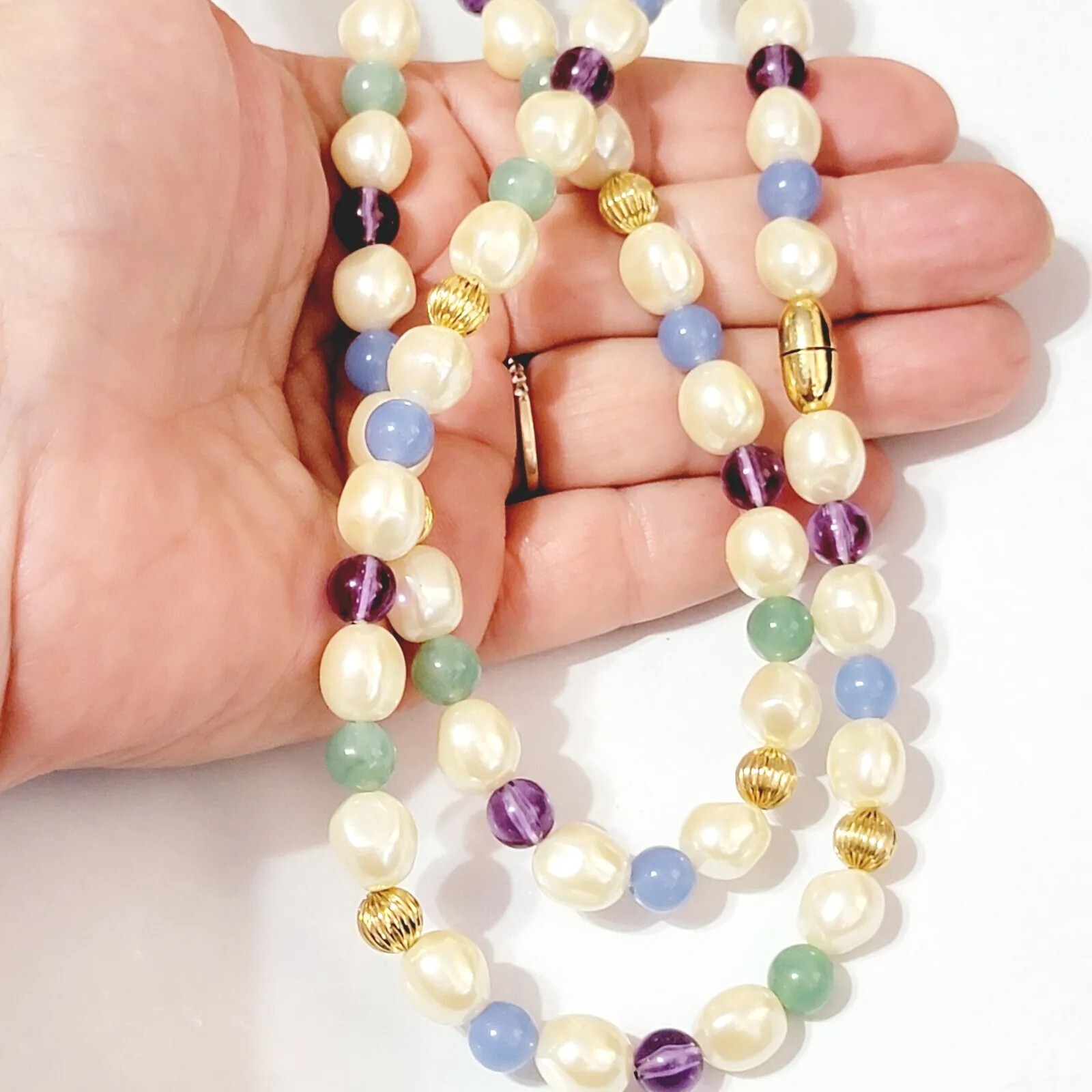 Pastel Long Beaded Necklace 34” Blue Purple Green Vintage Jewelry
