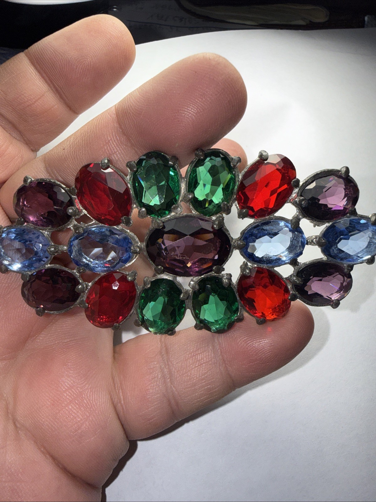 Pin Brooch Czech Art Deco Fruit salad Pot Metal 3.5” Open Back Stones Antique