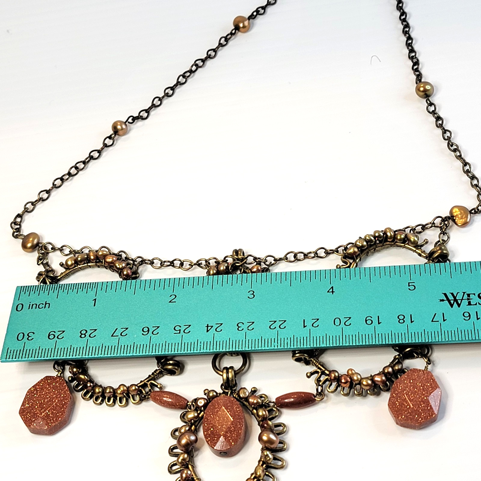 Vintage Coldwater Creek Goldstone and Pearls Bronze Tone Bib Festoon Necklace