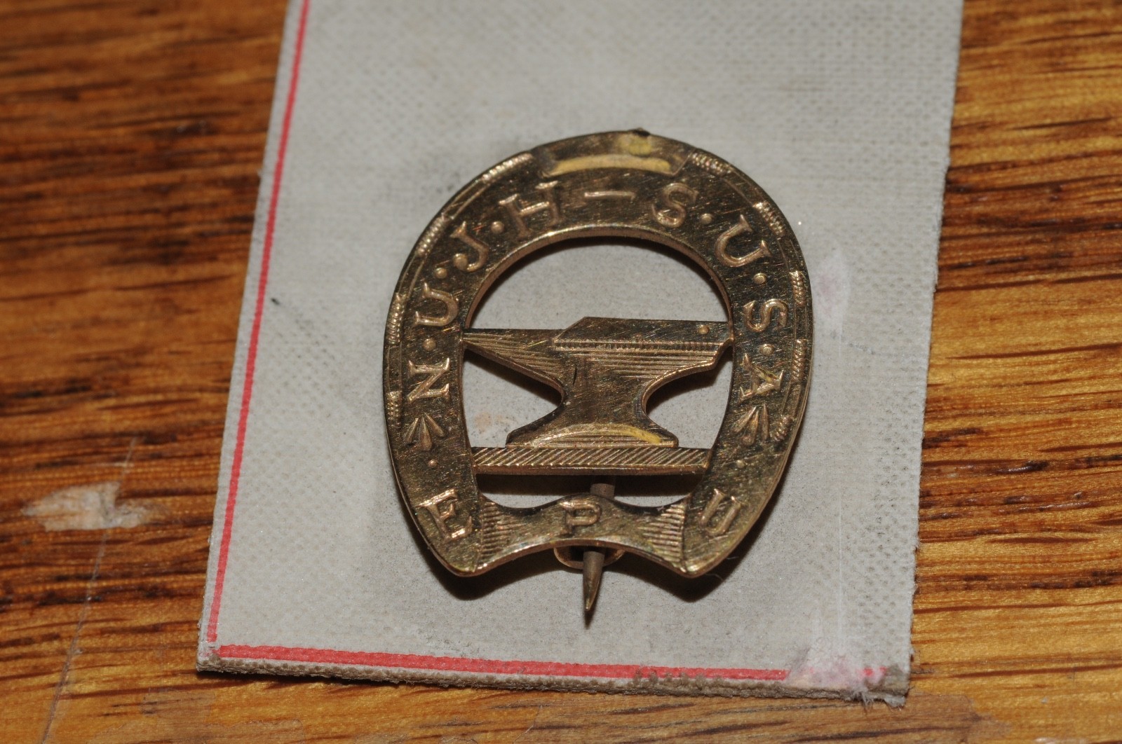 Horseshoe Anvil N.U.J.H.-S. U.S.A. EPU Pin 1905 Gold Filled Salesman Sample old*
