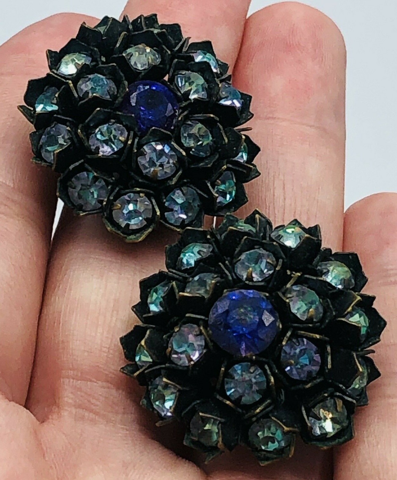RARE MIRIAM HASKELL Signed Purple and Blue CRYSTAL FLOWER CLIP BACK EARRINGS