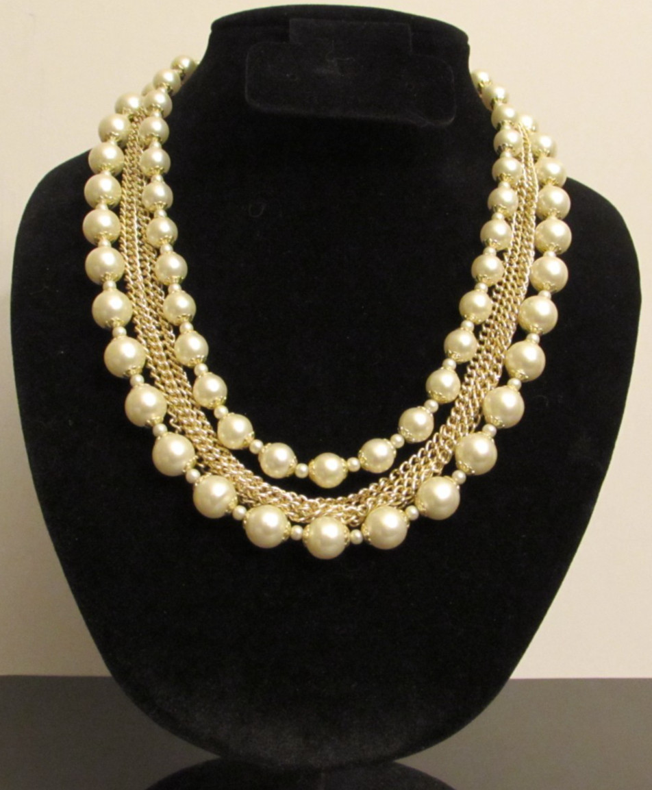 Multi Strand Choker with Faux Pearl Beads and Silver Tone Chains